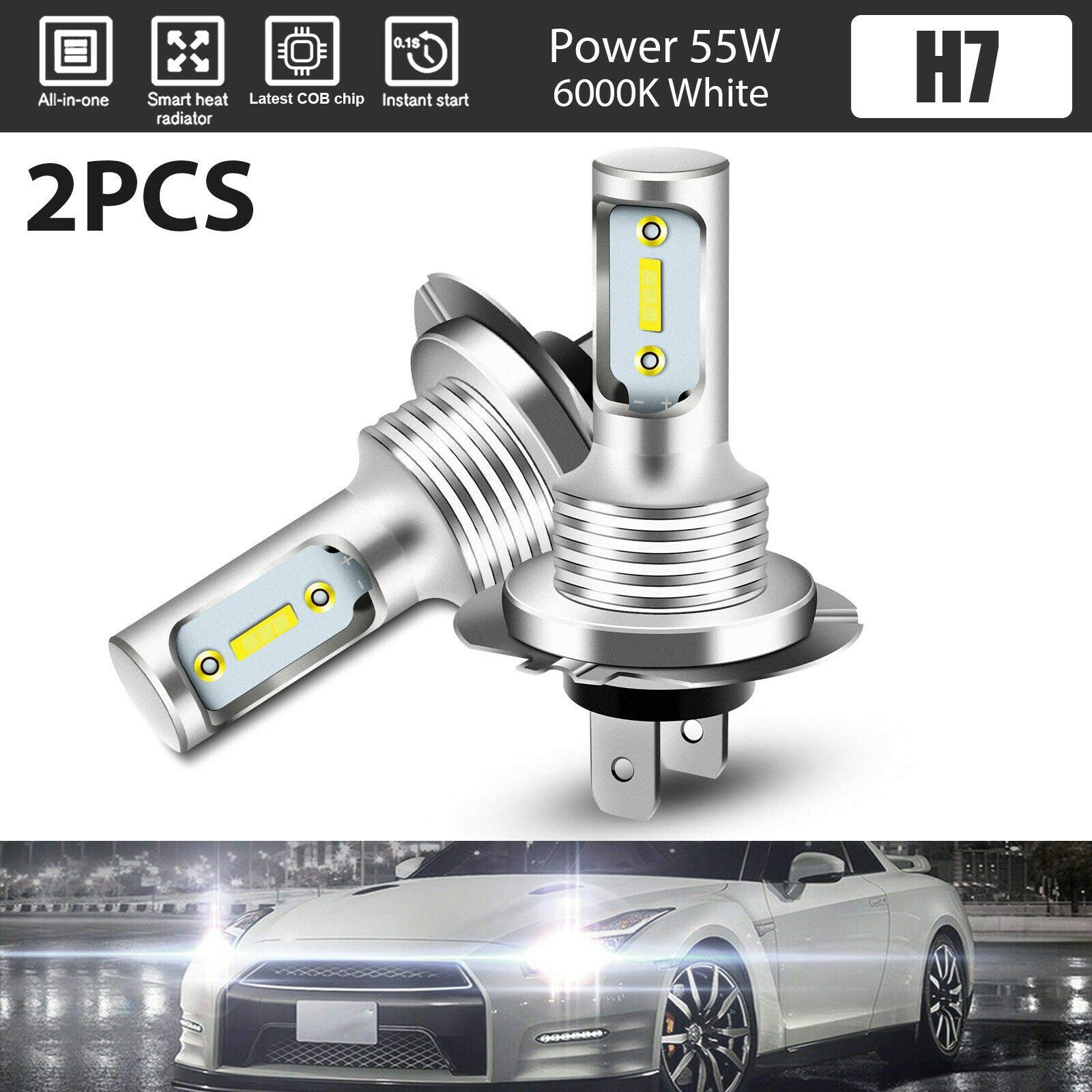 2X H7 LED 6000K Super White 110W 8000LM Zestaw świateł mijania świateł przeciwmgielnych