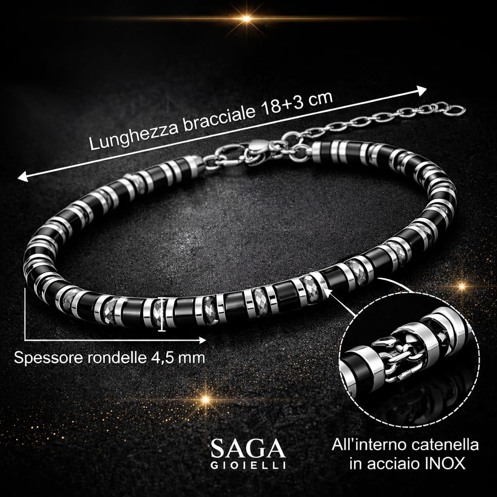 SAGA GIOIELLI® Bracciale Uomo Rondelle Pietre Dure Acciaio (ONICE E CRISTALLI)