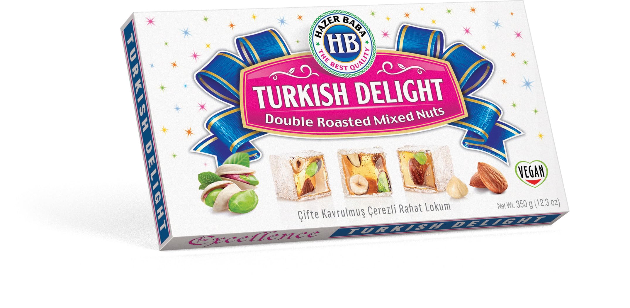 Hazer Baba Premium Turkish Delight Candy with Double Roasted Pistachio, Almond & Hazelnut, %17 Nuts, Gourmet Snack Box, Traditional, Vegan, Lokum, Loukumi, Delicias Turcas, Halal, Kosher, 12.3oz (350g)