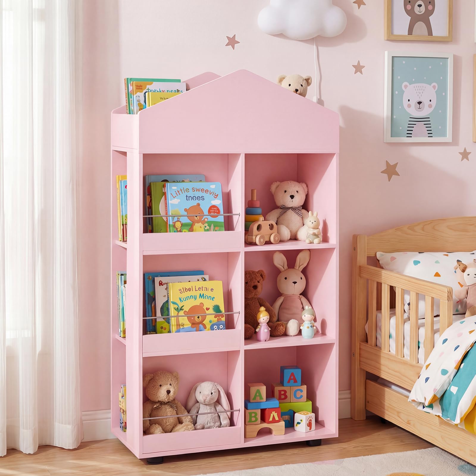 COSTWAY Estantería Infantil de Madera, Organizador Juguetes Tipo Casita de Muñecas con Compartimentos, Kits Antivuelco, Barras y Baffles Anticaída, Biblioteca para Sala de Juegos,64x30x116cm (Rosa)