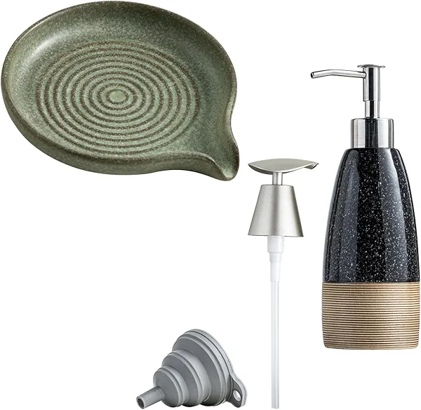 Ceramic Shower Soap Dish with Waterfall Design & 12 oz Dish Soap Dispenser with 2 Pumps, Ceramic Hand Soap Bottle for Shampoo
