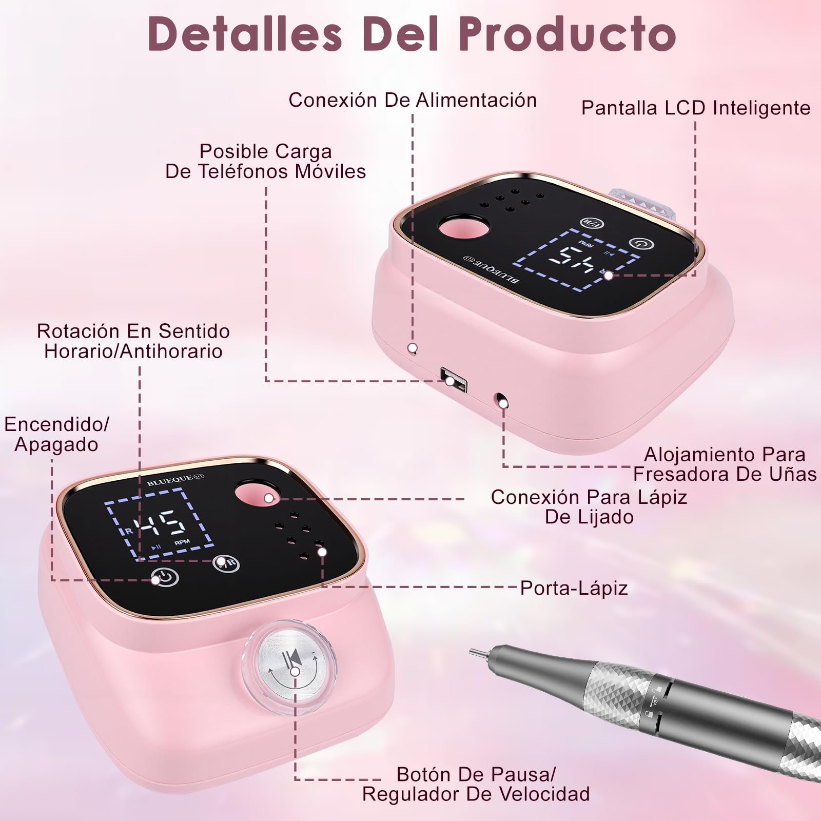 Dreamhigh® Torno para Uñas Profesional 45 000 RPM, Lima Eléctrica Uñas, Fresa para Uñas, Kit de Lima de Uñas Portátil, Manicura y Pedicura, Taladro Eléctrico para Retirar Gel/Esmalte, Rosa