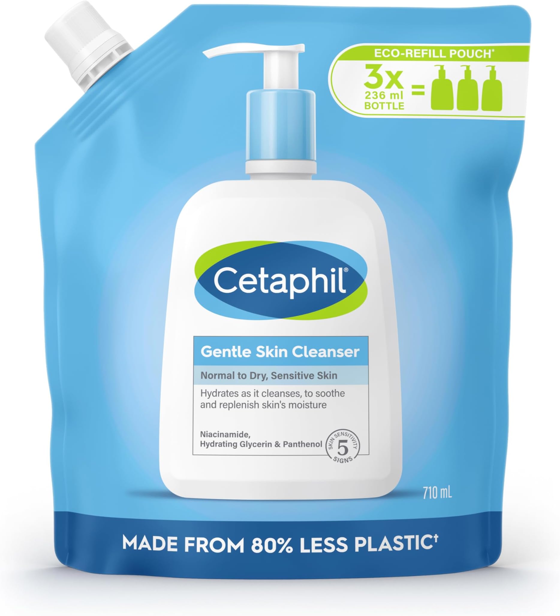 Gentle Skin Cleanser Eco Refill Pouch, 710ml, Face & Body Wash, for Normal to Dry Sensitive Skin, Soap Free with Niacinamide, Packaging May Vary