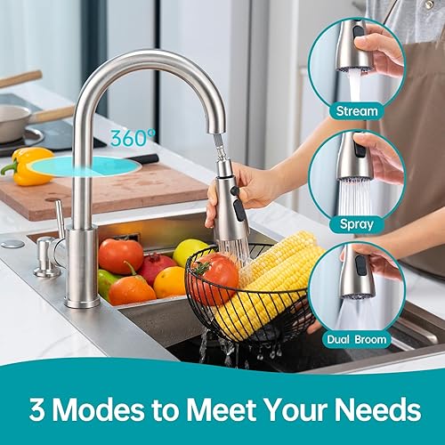 Miniatura 2 de APPASO Grifo de cocina con dispensador de jabón, grifo de fregadero de cocina de acero inoxidable con rociador desplegable 3 modos, grifo moderno de