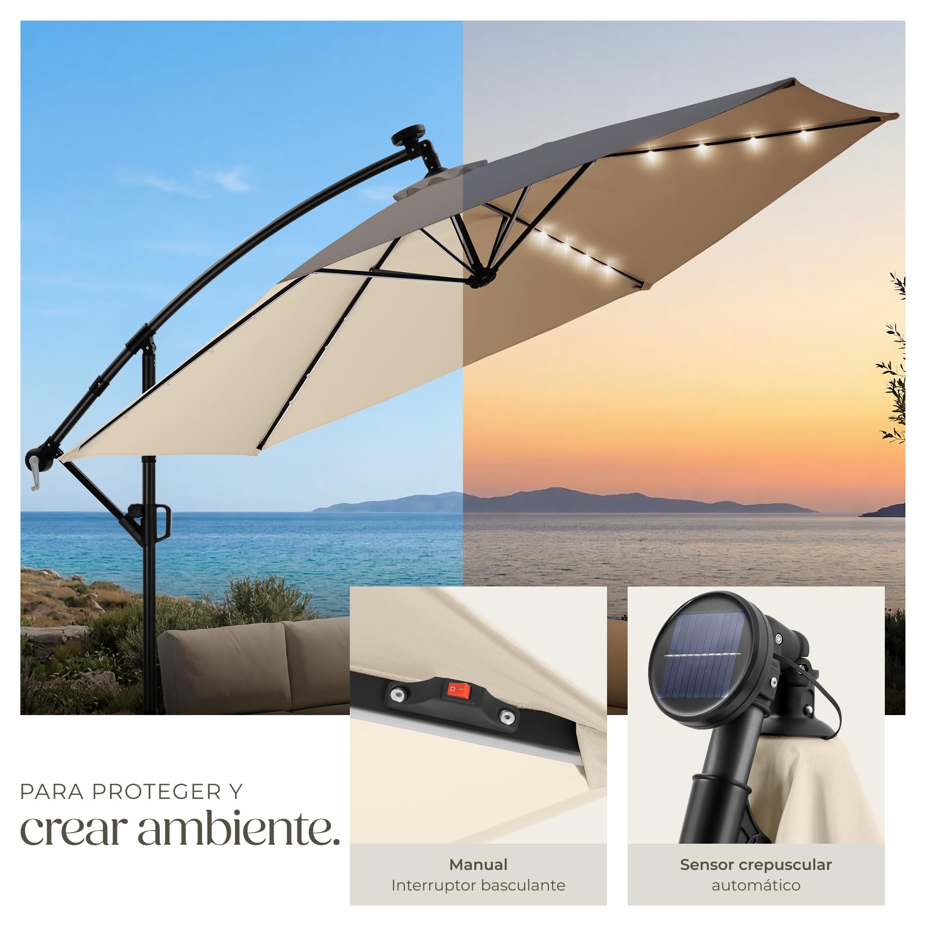 tectake® Sombrilla Terraza Exterior con Iluminacion Solar Led, Parasol Terraza Exterior y Jardin, Sombrillas Jardin Grandes Giratorio 360°, Doble Techo, Manivela, Inclinable - 3,5 x 3,5 m