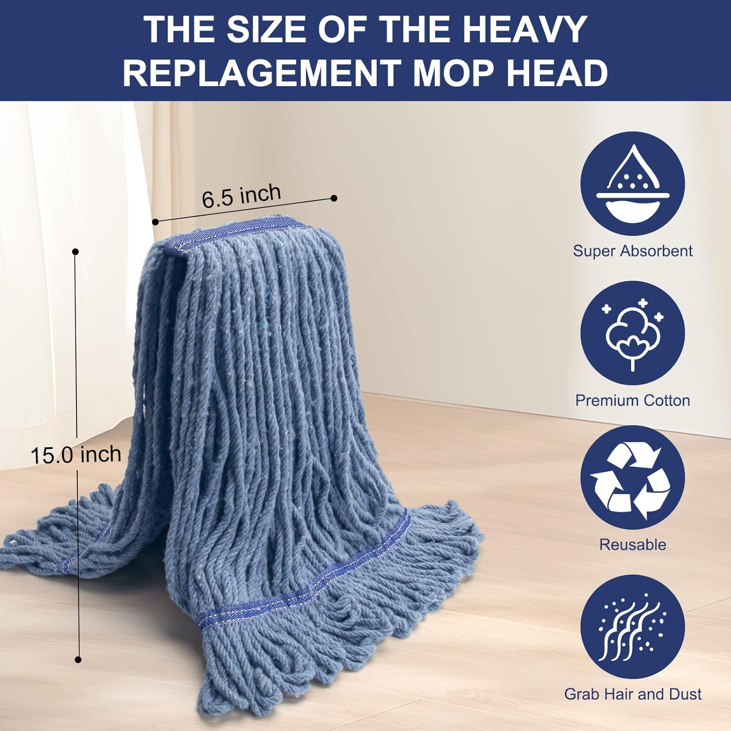 KeFanta 60 Inch Blue Mop Handle and 3 Pack Heavy Duty Commercial Mop Head Replacement