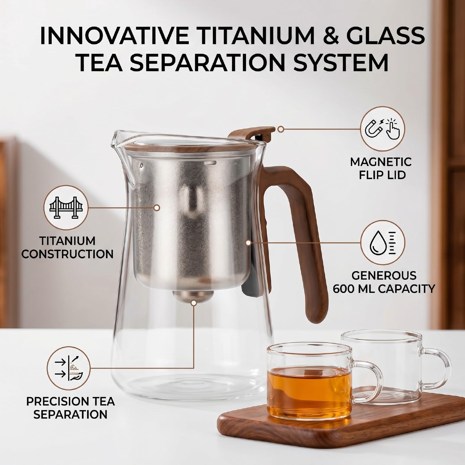 Pssopp Tetera de Vidrio con Infusor, Tetera con Tapa Abatible Magnética, 600 Ml, for té e Infusiones
