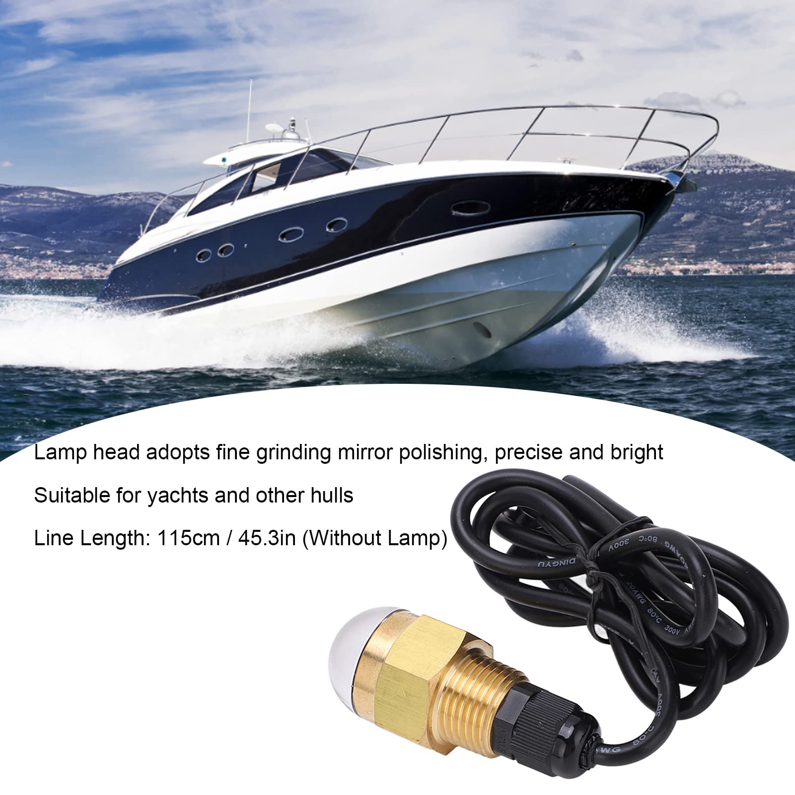 12V 12W Boat LED Underwater Light, Marine Drain Plug Light, 840LM Bright Brass NPT 1/2 Threaded Waterproof LED Light for Yacht Hull Illumination with Mounting Clips and
