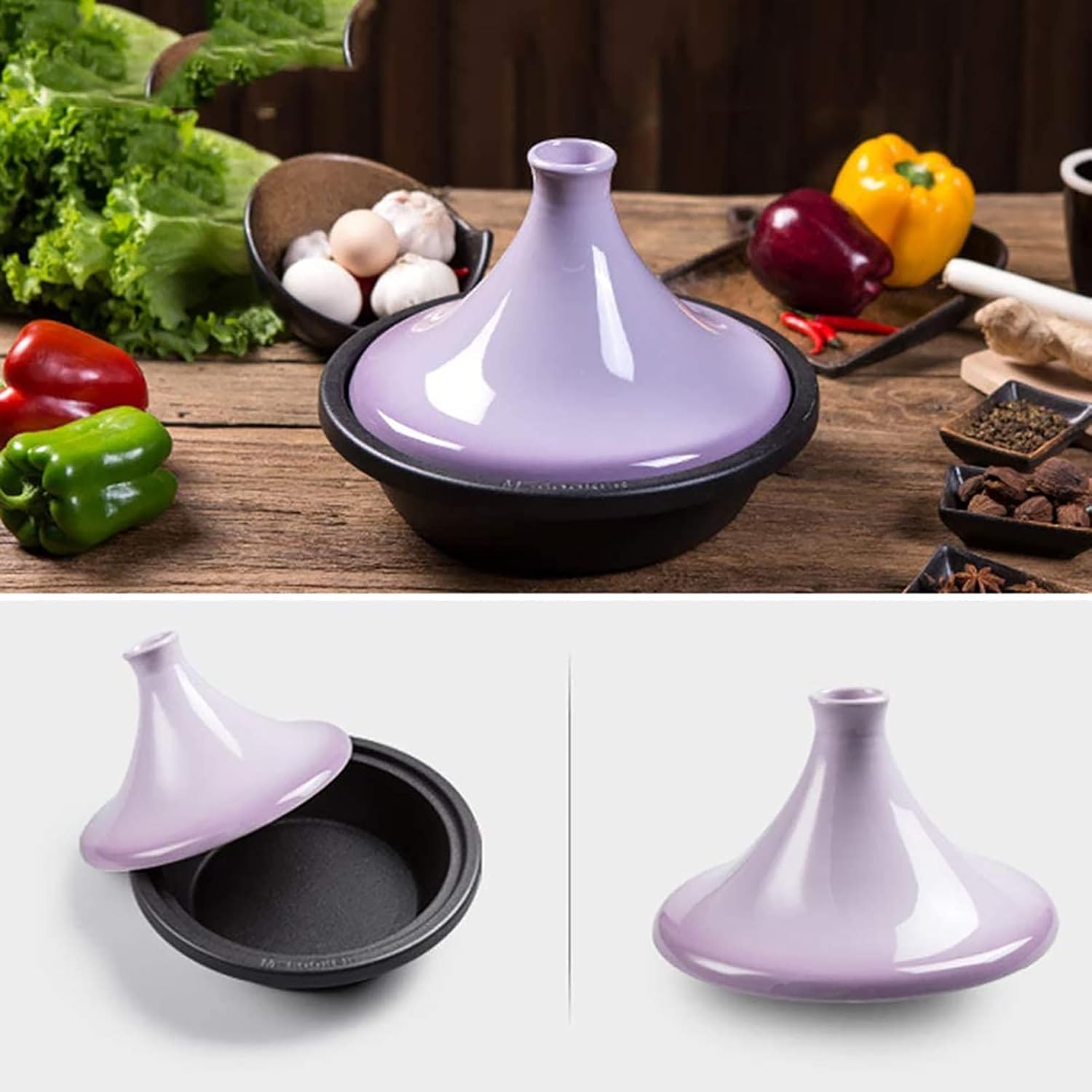 Tagine Pot Moroccan Cast Iron Micro Pressure Cooker with Tapered Lid 10.6 Inches Tajine Compatible with Induction Cooktops Suitable for Stew Fry(Color:Purple)