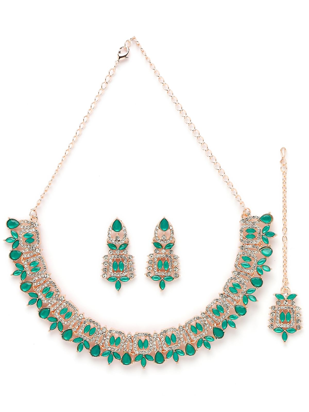 Sukkhi Admirable Fashionable AD Sea-Green Stones Collar Bone Necklace Set With Earring And Maangtika | Jewellery Set For Women (NS105559) (B0CBBCTTK7) Amazon Price History, Amazon Price Tracker