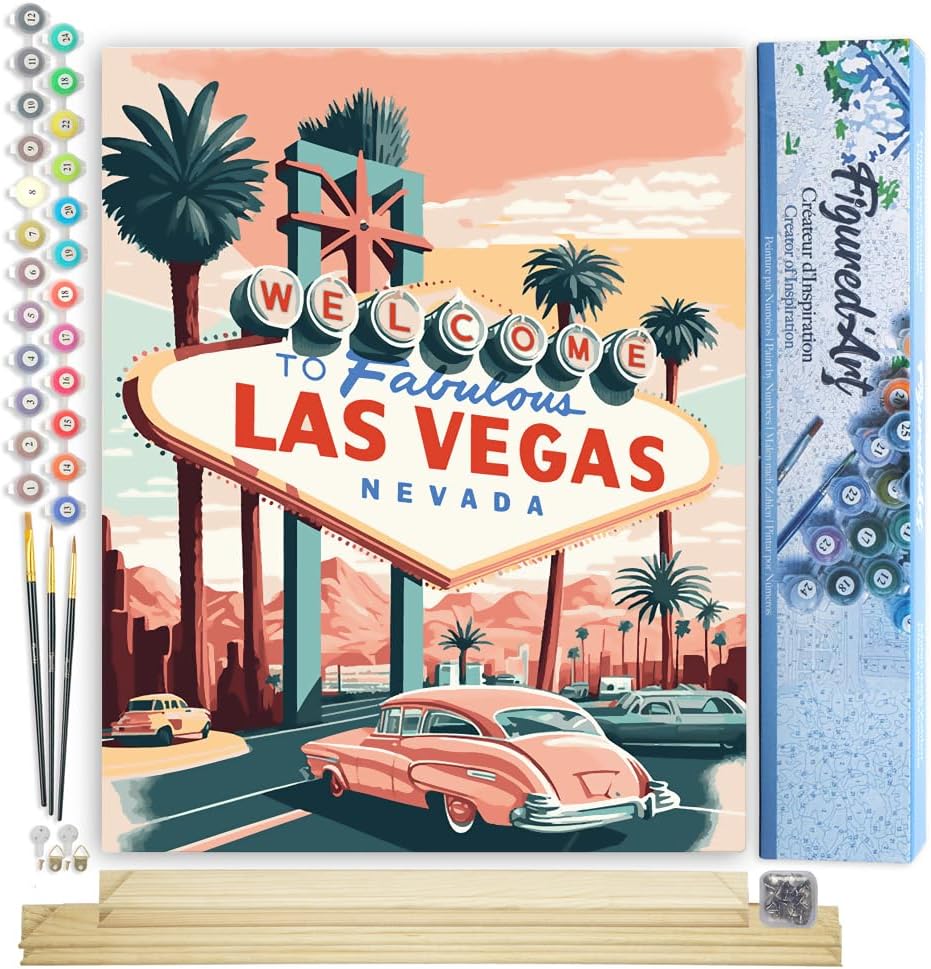 Figured'Art Paint by Numbers for Adults Travel Poster Las Vegas 16"x20" - Craft Art Painting Rolled Canvas with DIY Wooden Frame