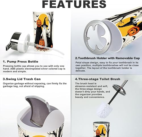 Miniatura 4 de Juego de accesorios de baño, 6 piezas, brujas rústicas, fantasmas, calabazas, gato negro, calabaza, fantasma, bruja, soporte para cepillos de