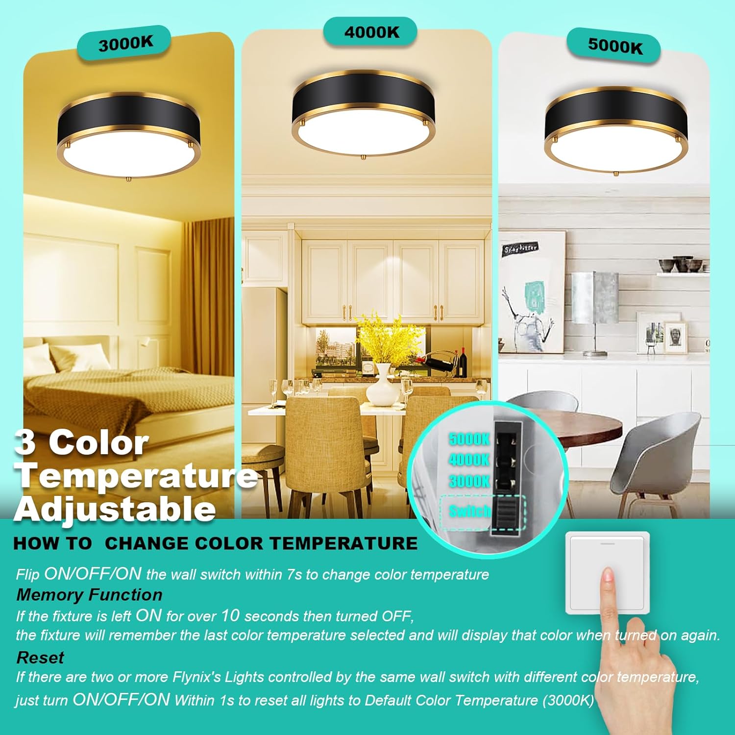 12.5 Inch LED Flush Mount Light Fixture, 26W, Modern Ceiling Light, 3 Color Adjustable 3000K/4000K/5000K, Dimmable for Bedroom, Hallway, Bathroom, Kitchen (Black Gold)