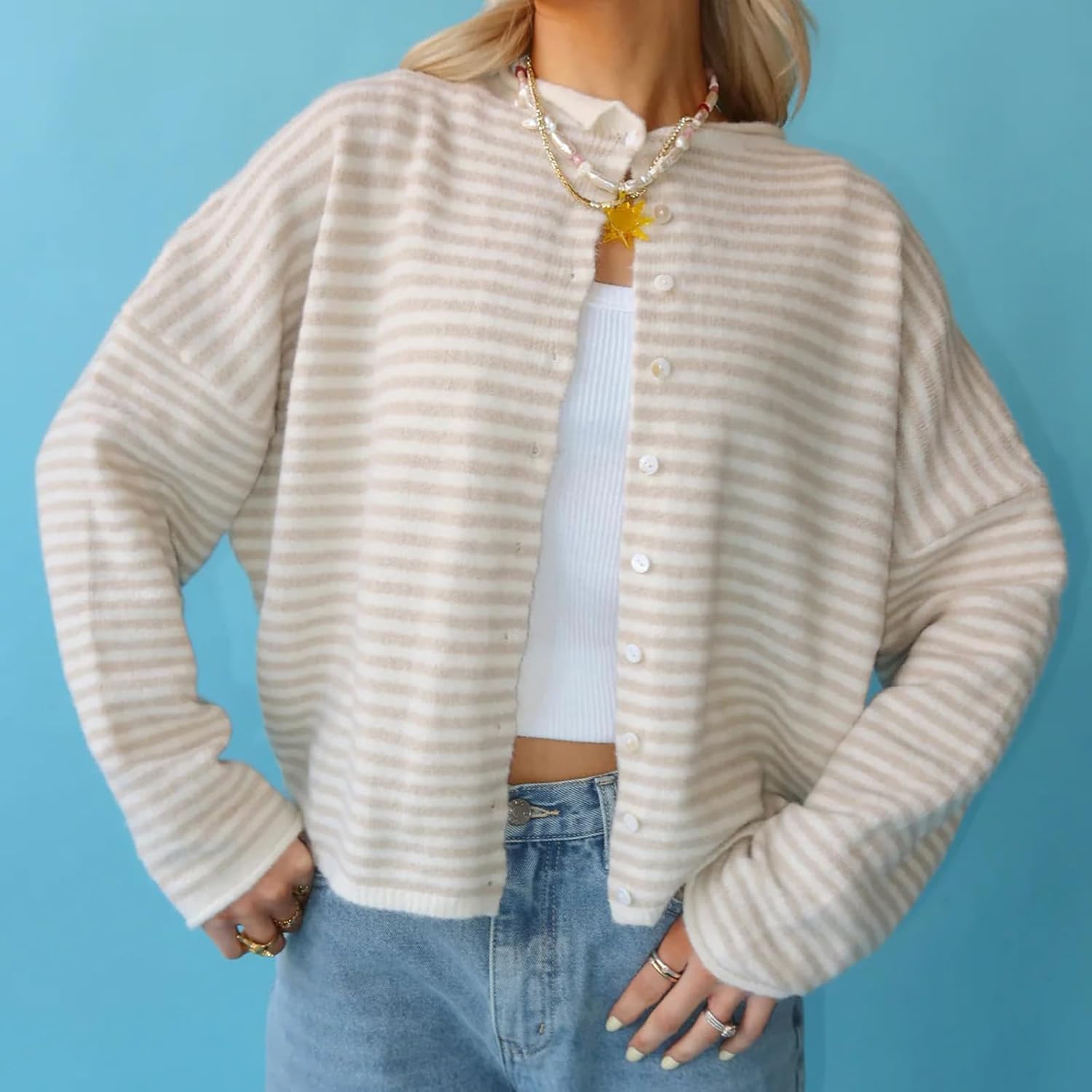 Muineobuka Womens Striped Cardigan Sweater Casual Crew Neck Open Front Button Down Long Sleeve Knit Sweaters Fall Outerwear - Image 2