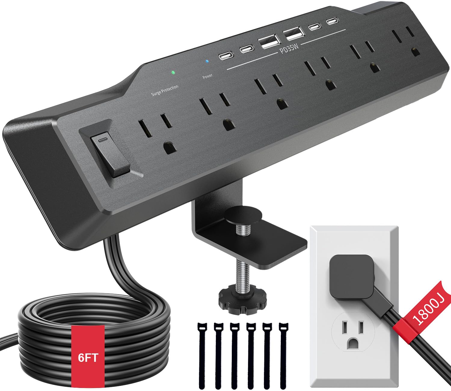 Zacisk komputerowy, ochrona przeciwprzepięciowa, 6 gniazd, płaska wtyczka, 1800J, 4 porty USB-C (dowolny port 35W), do domu i biura, ognioodporna obudowa PC-ABS, se
