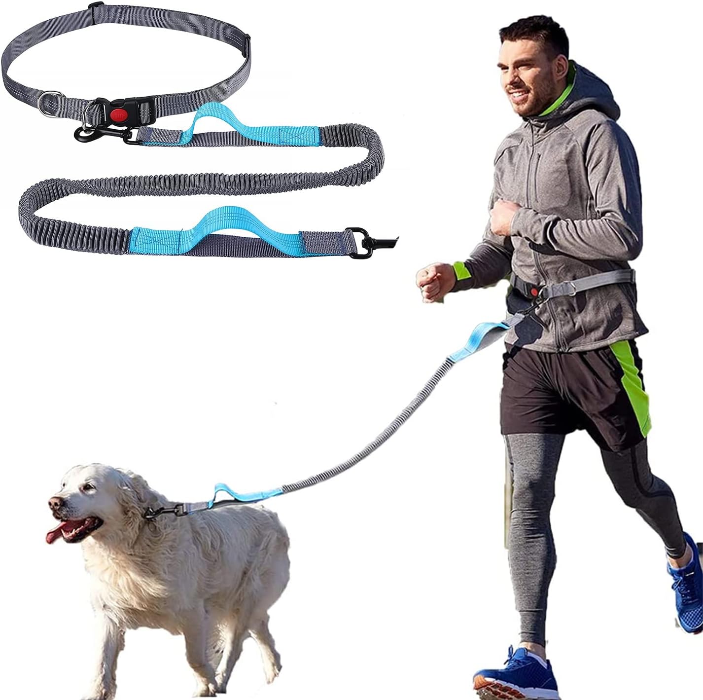 YIHATA Hands Free Dog Leash, with Adjustable Waist Belt and Reflective Stitching, Dual Handle and Durable Bungee for Medium to Small Dogs, for Running, Walking, Hiking, Biking (Grey Blue)