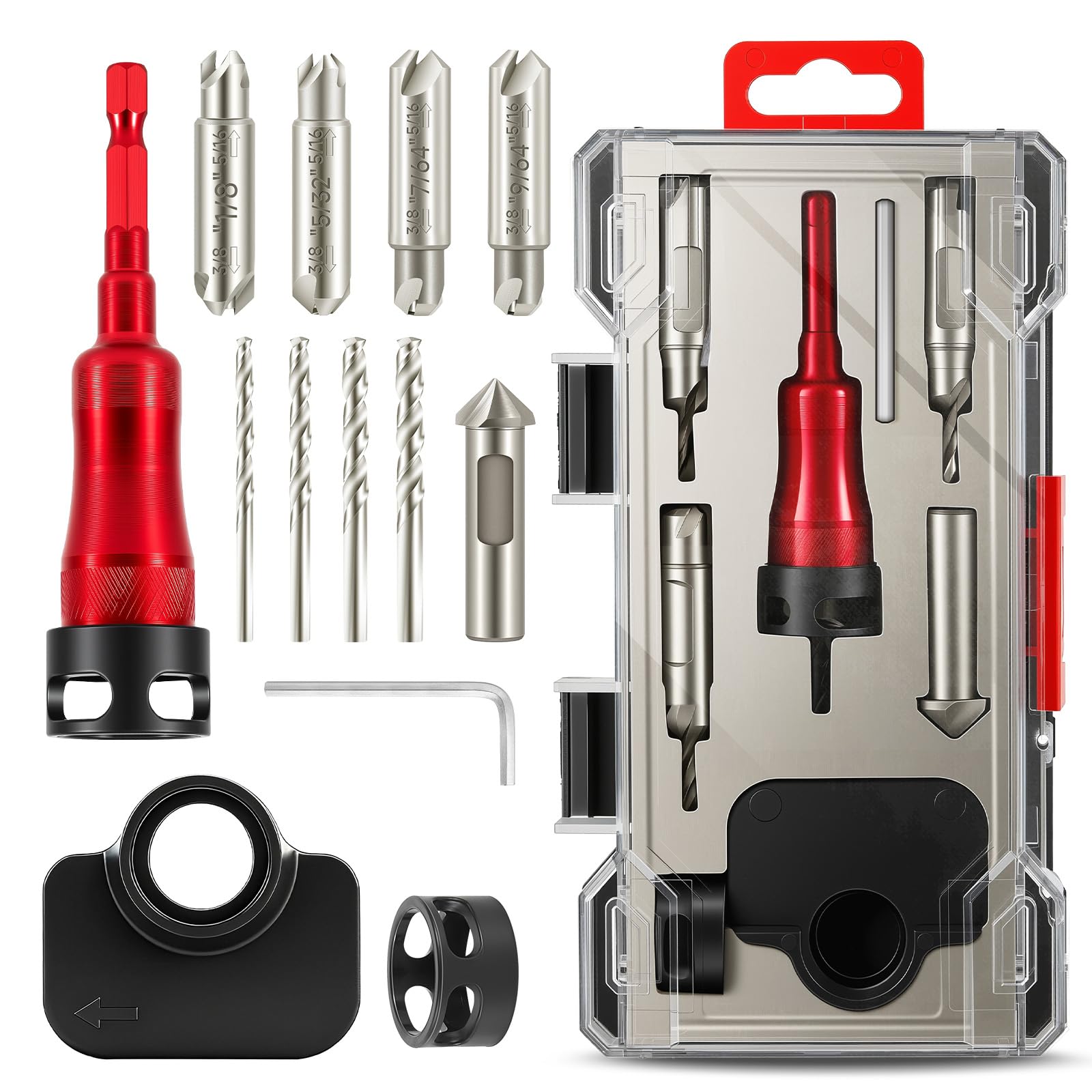 Lot de 5 forets coniques avec butée de profondeur de roulement et outil de chanfrein – Tailles de 0,3 cm, 0,3 cm, 0,4 cm, 0,8 cm et 1 cm, bords de coupe bidirectionnels pour le travail du bois