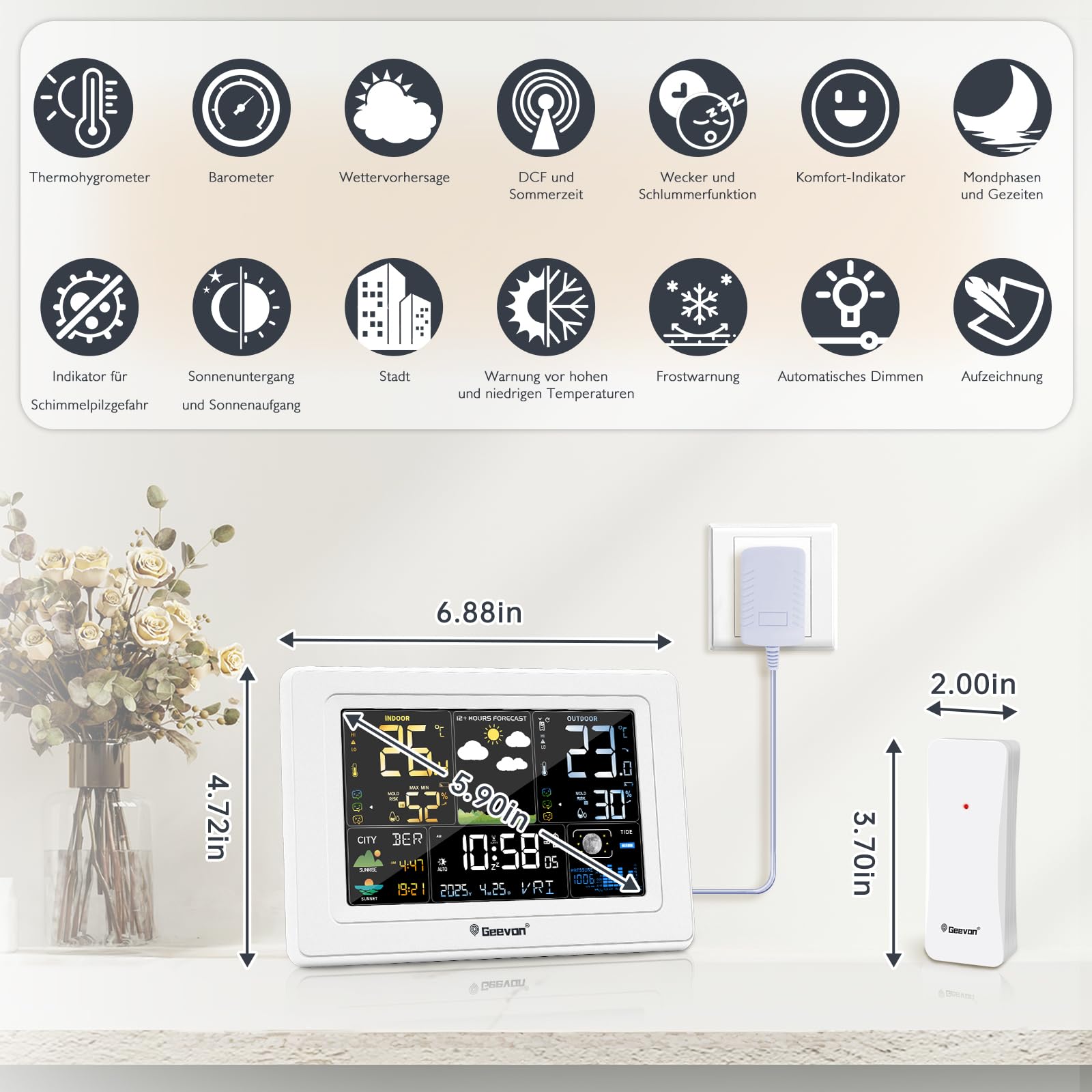 Geevon Wetterstation mit DCF Funkaußensensor, Farb VA Display, Wettervorhersage und Komfortanzeige, Sonnenaufgang/Sonnenuntergang, Schimmelanzeige, Temperaturwarnungen, Mondphase(250397 mit batterien) - 2