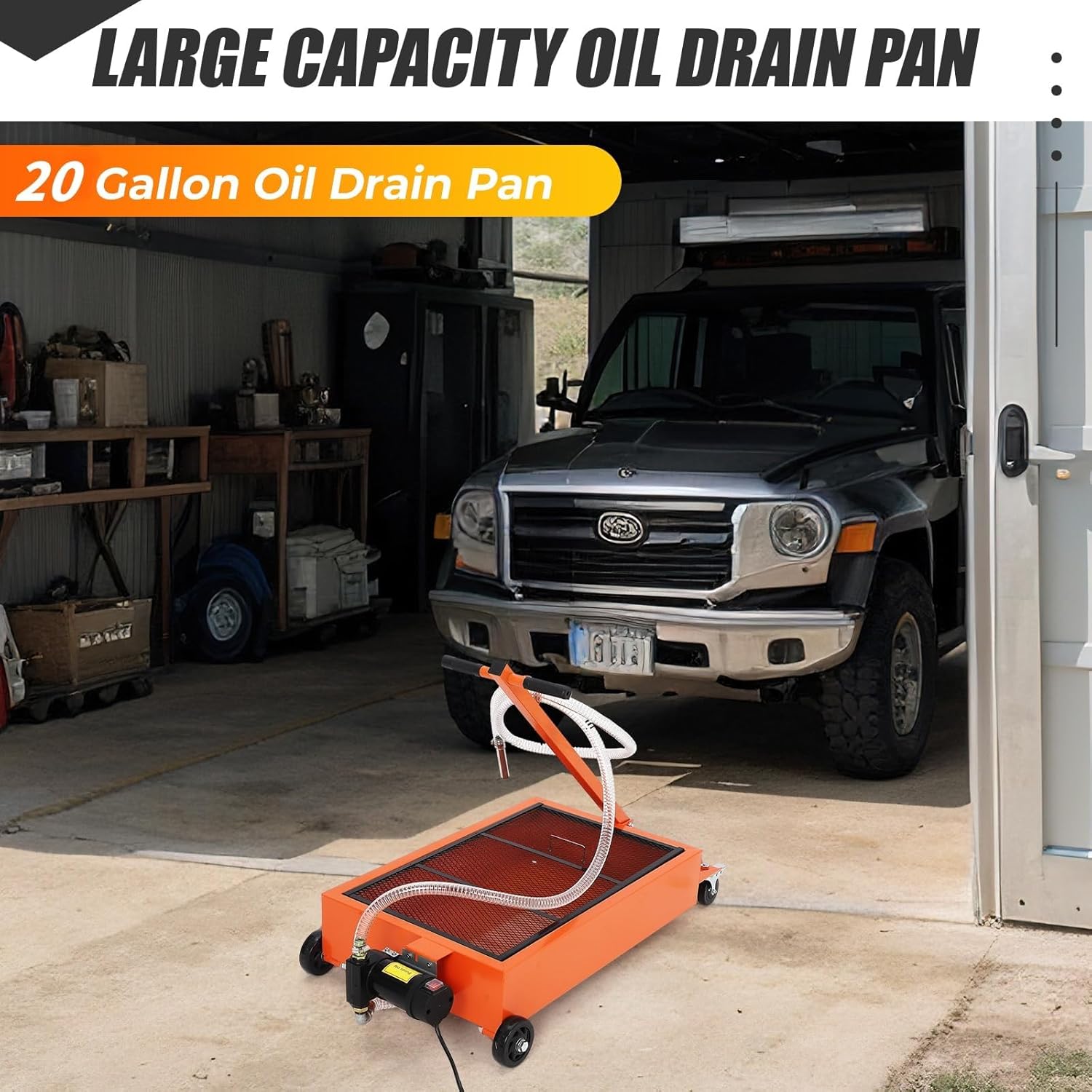 20 Gallon Low Profile Oil Drain Pan with 12V Electric Pump, Large Capacity Rolling Oil Change Tank, 8.2ft Discharge Hose & Folding Handle for Trucks, Buses, RVs and Cars