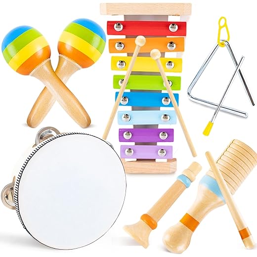 Montessori Toys for 1 2 Year Old, Wooden Musical Instruments for Toddlers 1-3, Educational Baby Drum Set with Xylophone & Maracas, First Birthday Gifts for Boys Girls, Easter Basket Stuffers for Kids