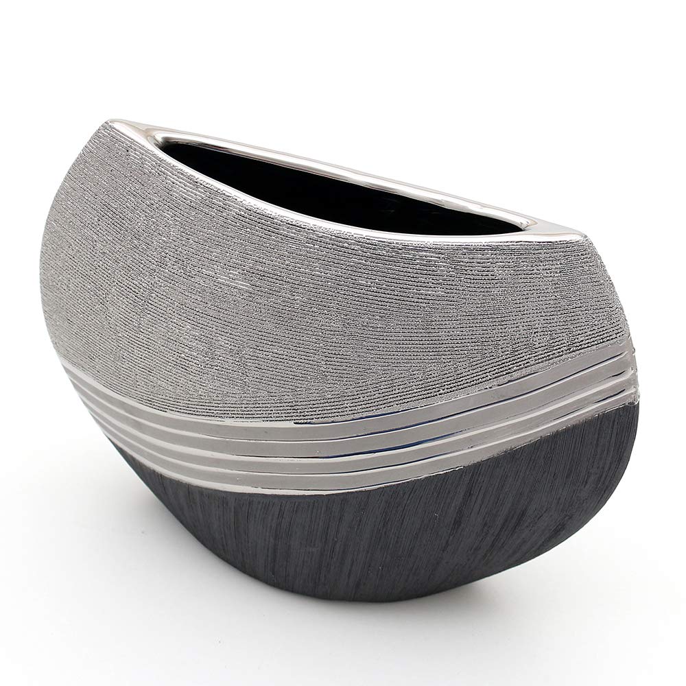 Elegante jarrón de cerámica Decorativo Moderno en Color Gris Plateado. Dimensiones: 21 x 8 x 25 cm.