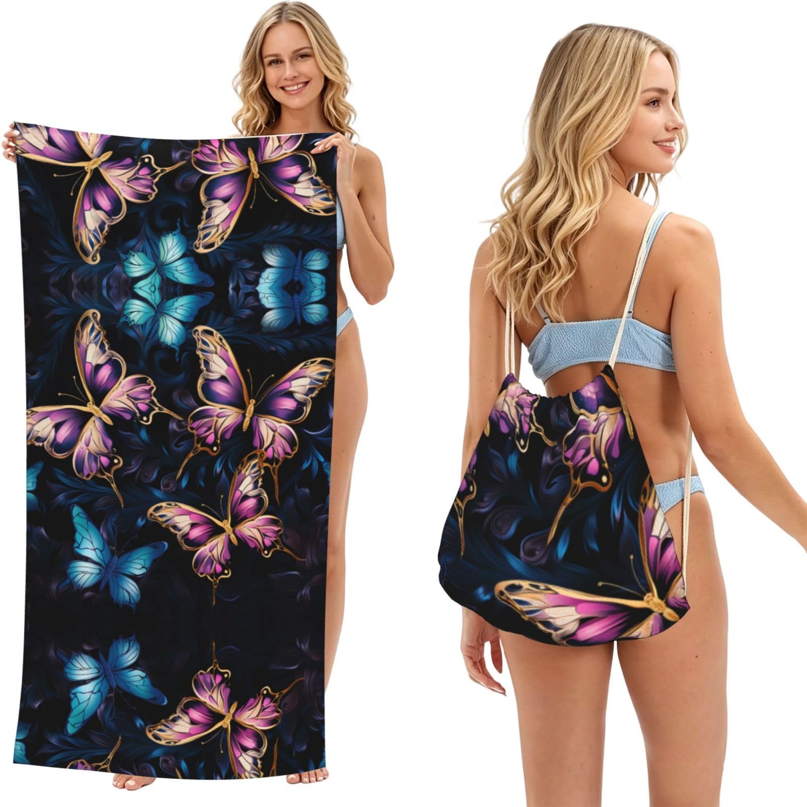 SXZVVBN Two colorful butterflies 2-in-1 Beach Towel Bag, Quick Dry Sand Free Travel Towel Backpack for Adults