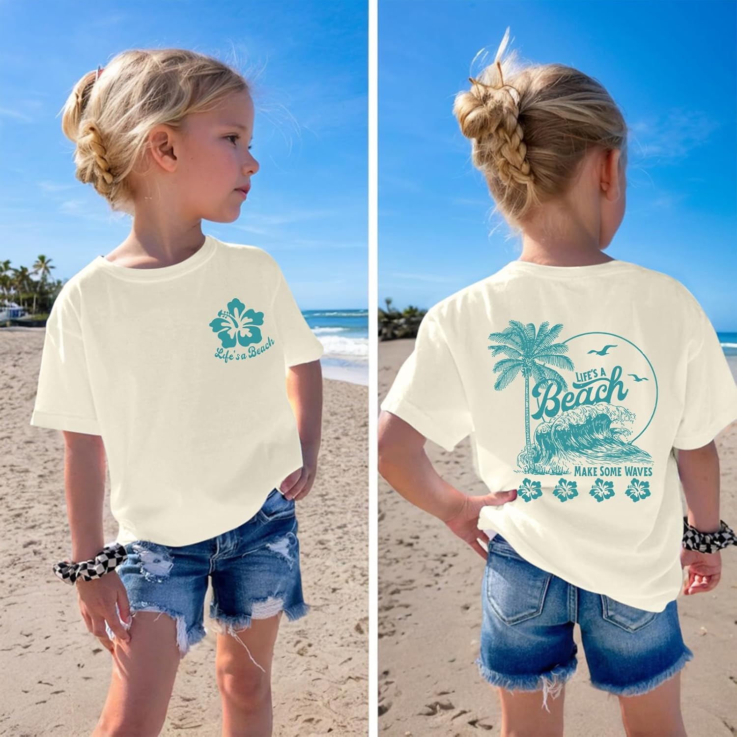 Fkatuzi Cute Hawaiian T Shirts for Girls Kids Beach Hibiscus Flower Shirt Palm Tree Graphic Tees Tropical Vacation Cotton Top - Image 2