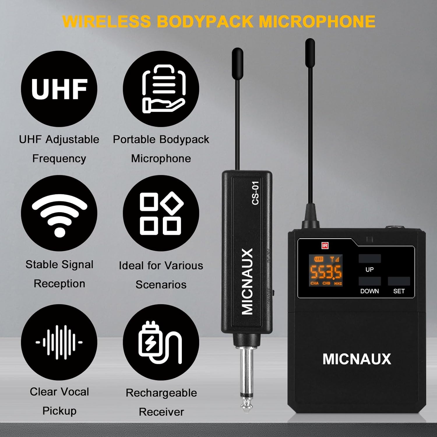Wireless Lapel Microphone System with Headset & Lavalier Mics, UHF Bodypack Transmitters, Mini Rechargeable Receiver, 48 Channels in 500MHz, 260ft Range, Plug & Play for Wedding Speech Church