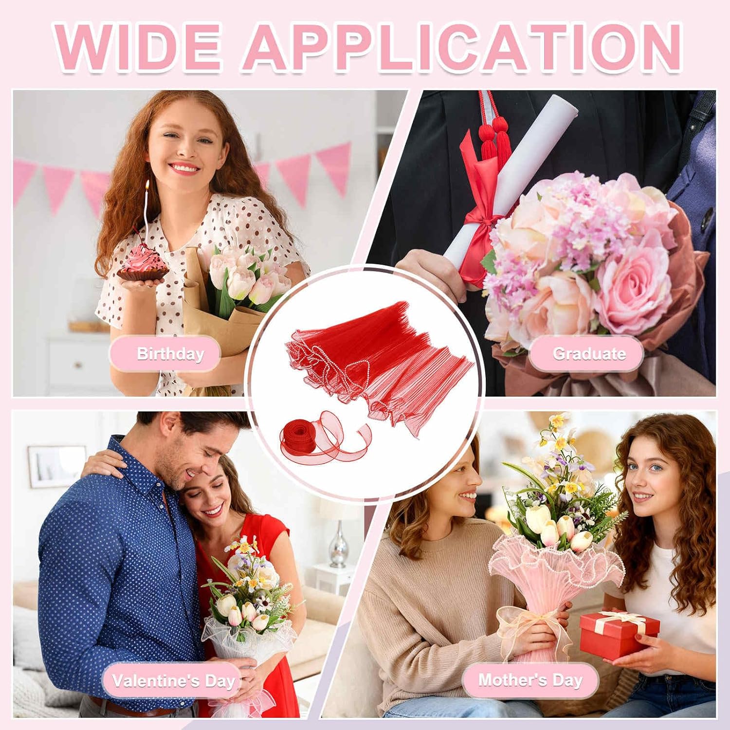 MECCANIXITY 2 Pcs 4 Yards Flower Wrapping Mesh Paper Bouquet Floral Packaging Paper with Organza Ribbon for Valentine's Day Wedding Birthday Florist Supplies, White/Light Pink