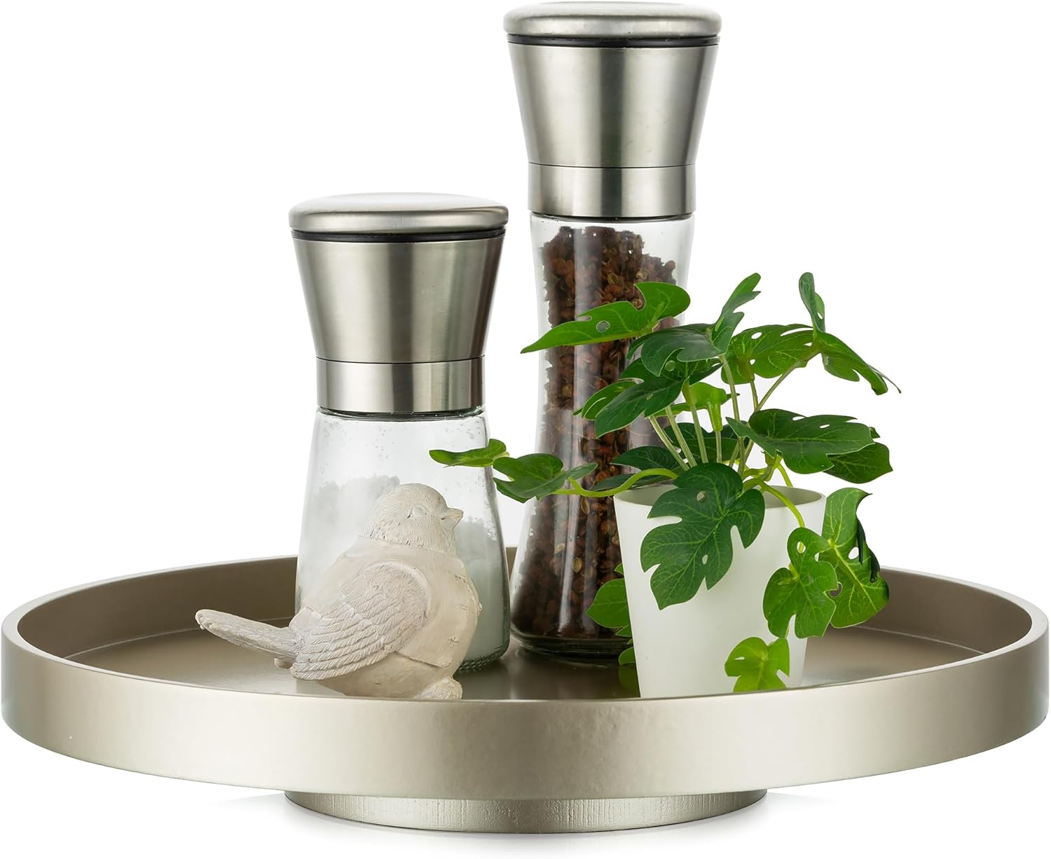 Hanobe Lazy Susan Bathroom Tray: Decorative Round Table Centerpieces 12 inch Turntable Organizer for Countertop Dining Room Kitchen Pantry Champagne Sliver