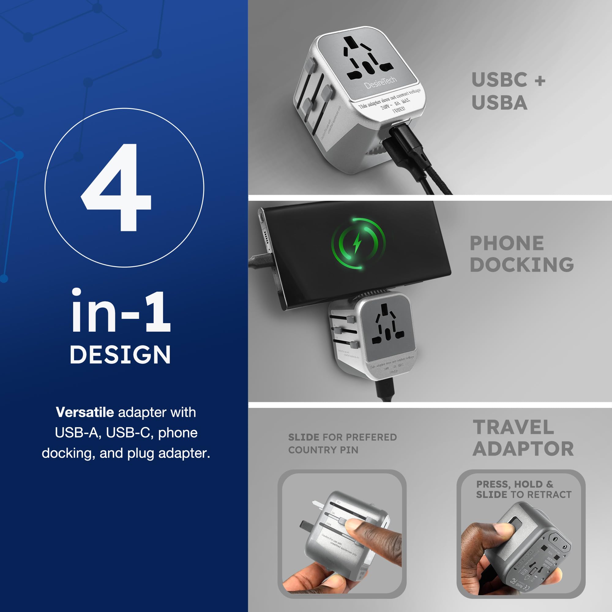 Desiretech Travel Adaptor - 4-in-1 Universal Plug Adapter with USB-A, USB-C, Phone Docking - Compact UK to World Adaptor, Double Fuse Protection - Perfect for Europe, USA, Asia & Beyond (White/Grey) — view 2