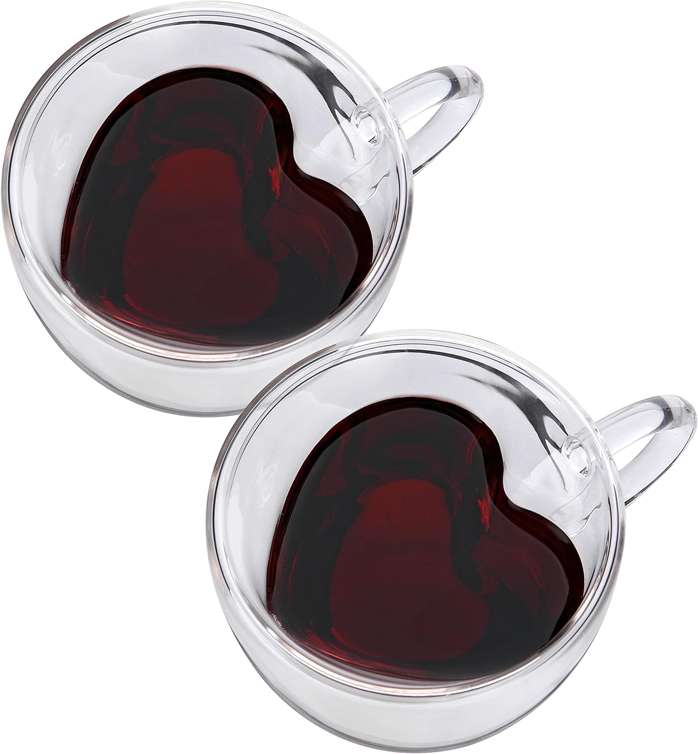 CNGLASS Double Wall Heart Shaped Glass Coffee Mugs 8.5oz,Insulated Clear Tea Cups with Handle,Unique Glass Espresso Mugs for Coffee,Cappuccino,Latte,Milk,Set of 2