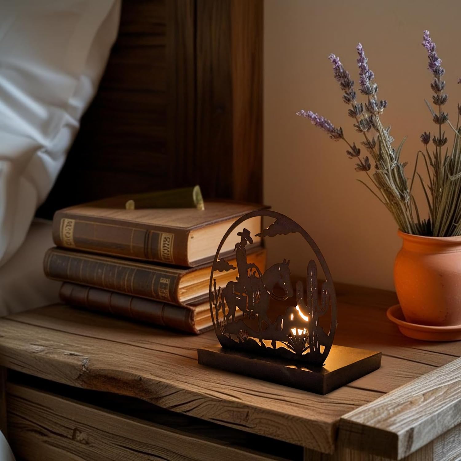 Western Cowboy Riding Horse Metal Night Light with Cactus Desert Silhouette Cutout–Rustic Tabletop Lamp, Southwestern Farmhouse Ranch Décor Accent, Great Gift for Cowboy Lovers & Country Homes