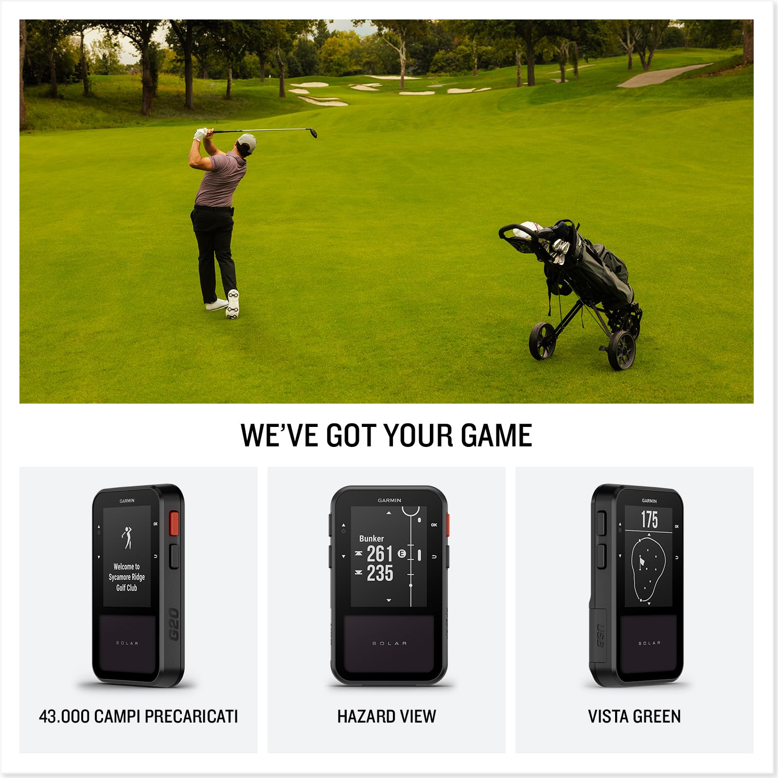 Garmin Approach G20, Portatile GPS per il Golf, Ricarica Solare, Mappe di 43.000 Campi Internazionali Precaricate, Display 2,2", Autonomia Potenzialmente Illimitata, Moschettone incluso