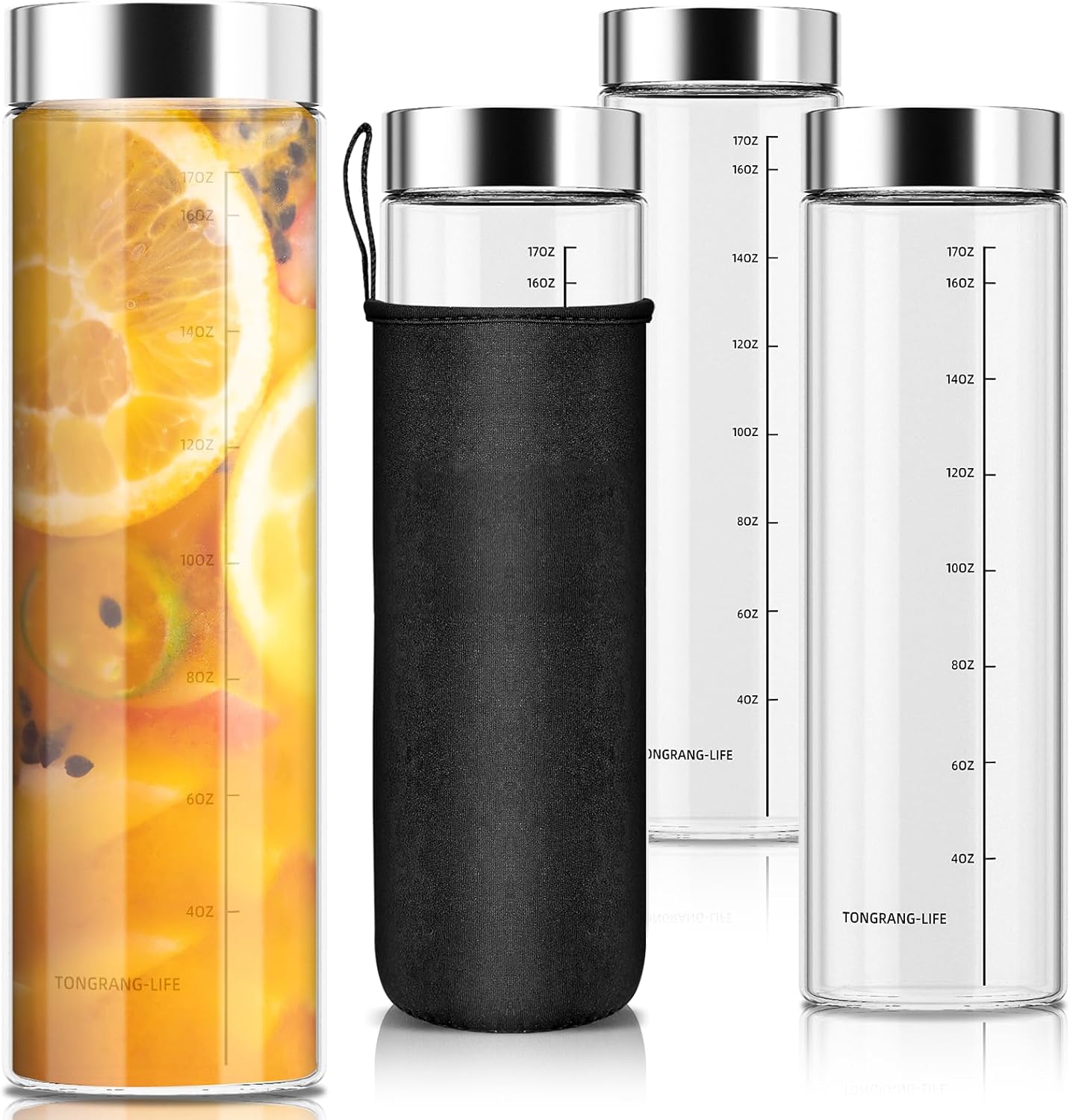 17Oz Glass Juice Bottles with Lids- 4 Pack Glass Shaker Bottles for Protein Mix,Juicing,Beverage,Water,Smoothies, Milk,Reusable Mason Jars,Water Bottle,Sports Nutrition Bottle