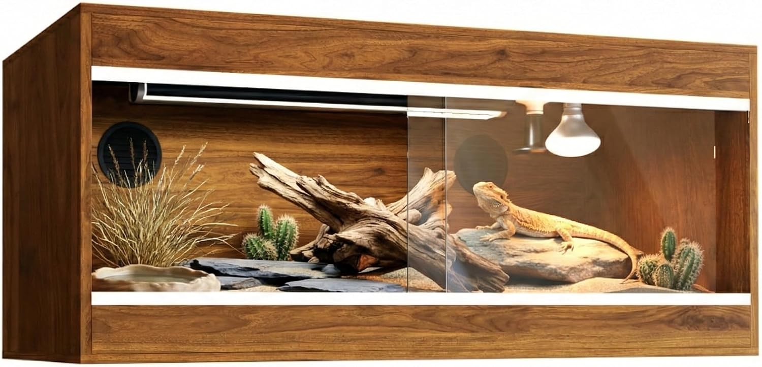 180 Gallon Reptile Enclosure, Made in USA 72" x 24" x 24" Bearded Dragon Tank with Sliding Glass Doors, Large Terrarium for Geckos, Snakes, Lizards & Tortoises - California Walnut