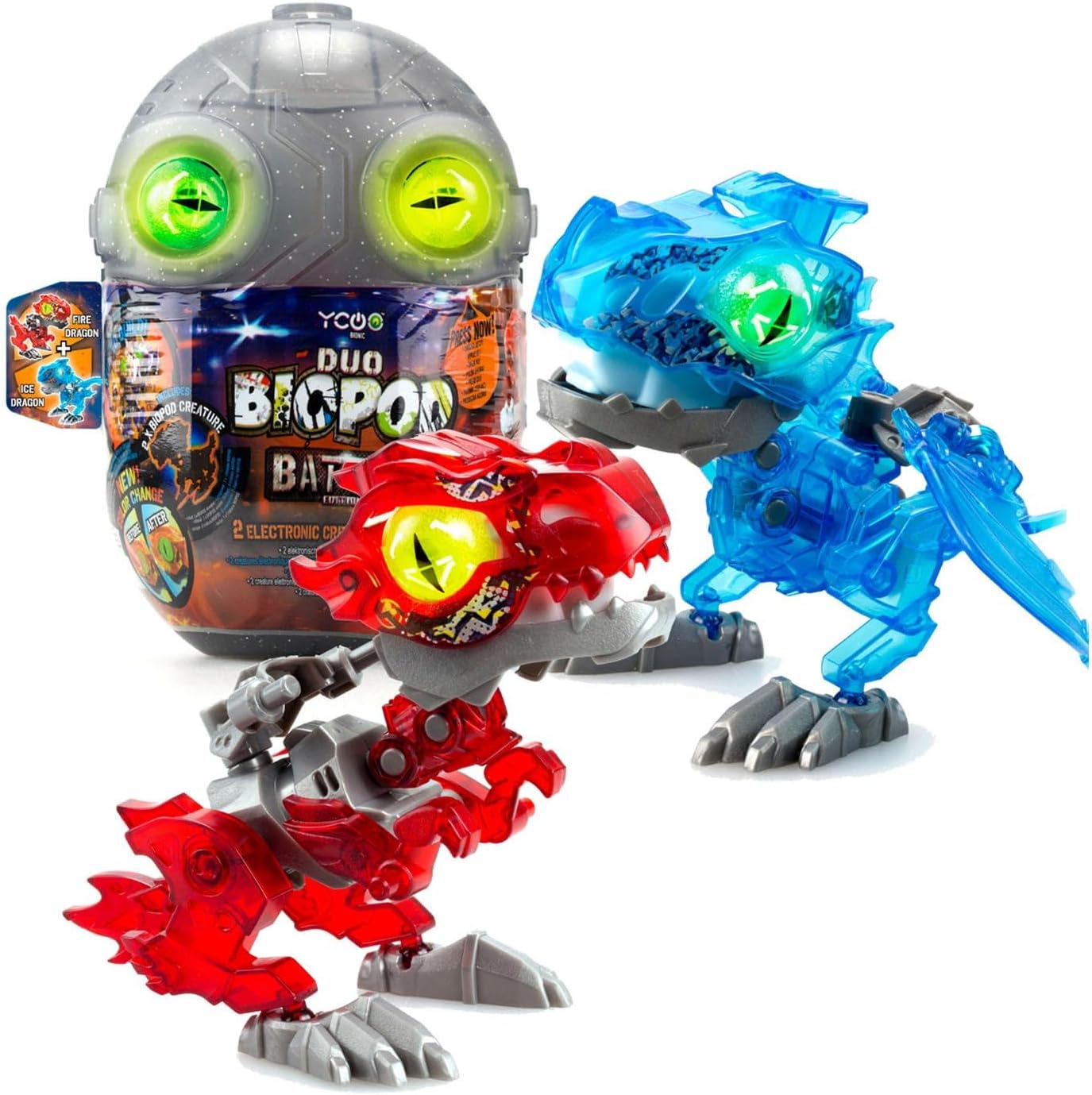 Silverlit YCOO Biopod Battle Duo Pack - Interactive Jurassic Robots - 2 Small Electronic Dinosaurs to Assemble - Light Sound Effects - 4 Robot Toys to Collect - 9 cm - Suitable for Ages 5 and Above