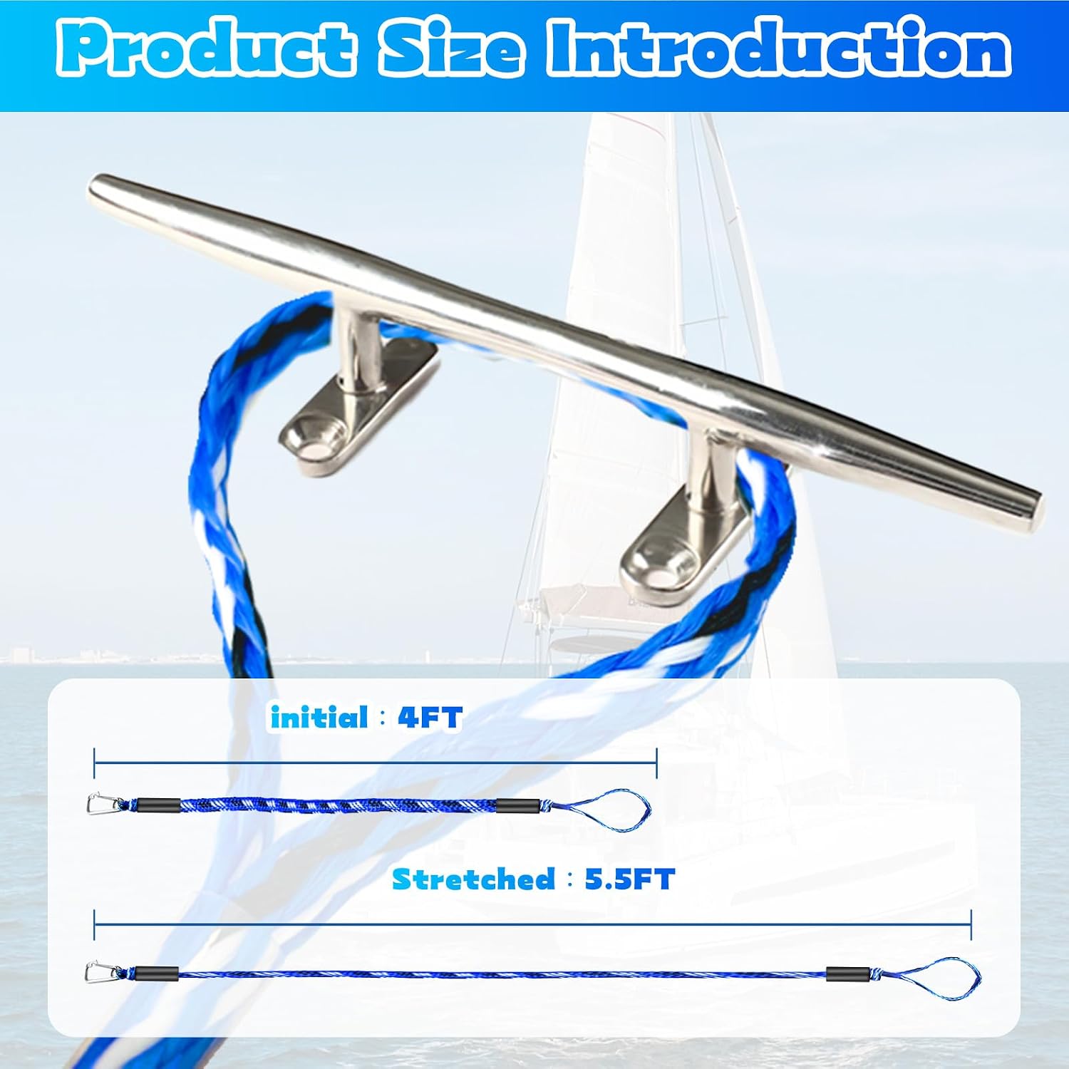 Boat Bungee Dock Lines with Clip 4 Pack Marine Rope Pontoon Boating Kayak Accessories, Blue White