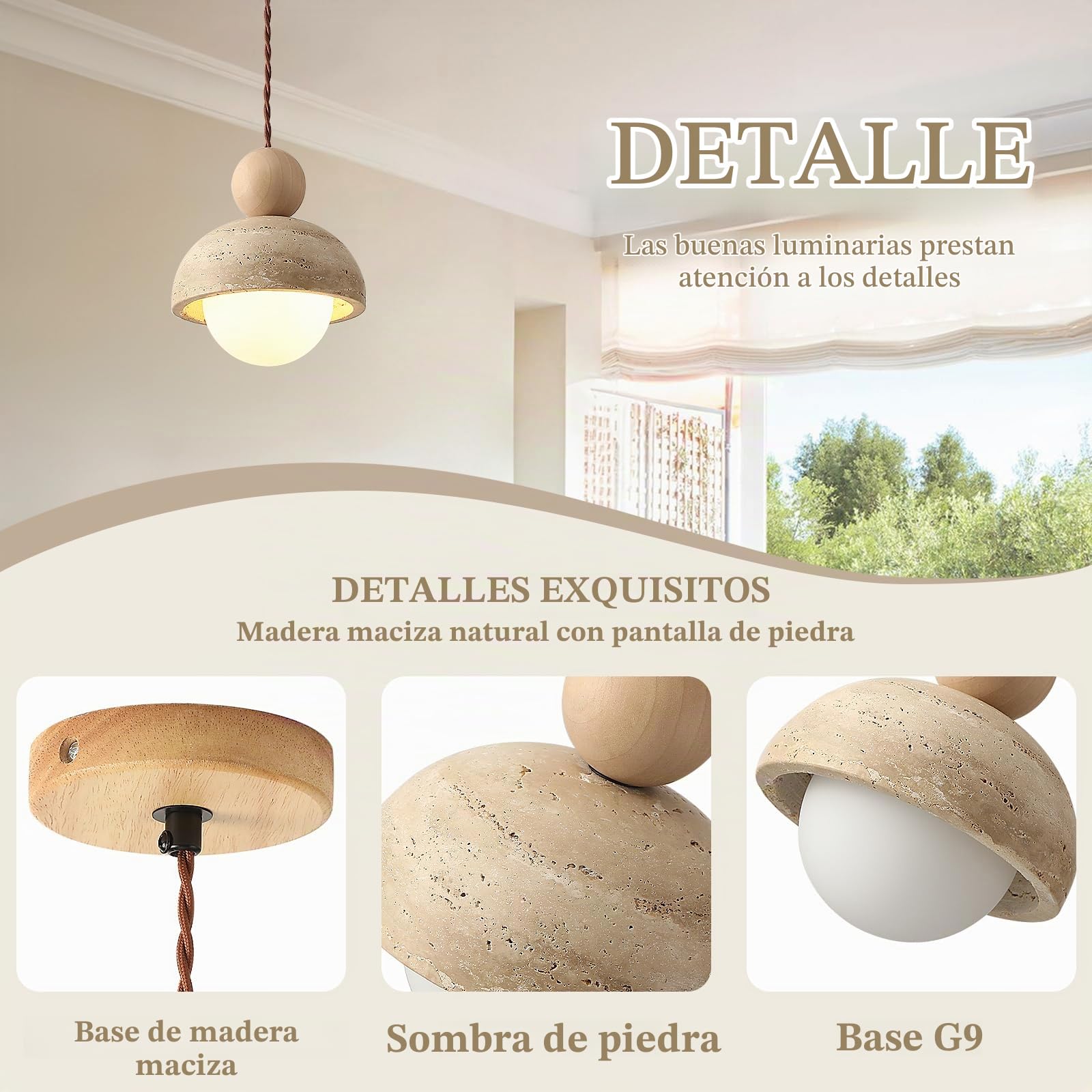 7W Lámpara colgante japonesa Wabi-Sabi de travertino amarillo con pantalla de piedra natural y luz colgante de madera G9, mini iluminación nórdica para cocina, isla y comedor