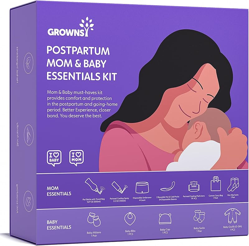 GROWNSY 16pc Postpartum Essentials Recovery Kit for Mom & Baby, Purple | Includes 4 Disposable Underwear, 2 Ice Packs, Peri Bottle, Perineal Spray, 28 Cooling Pad Liners & 5-Piece Baby's Kit Cater