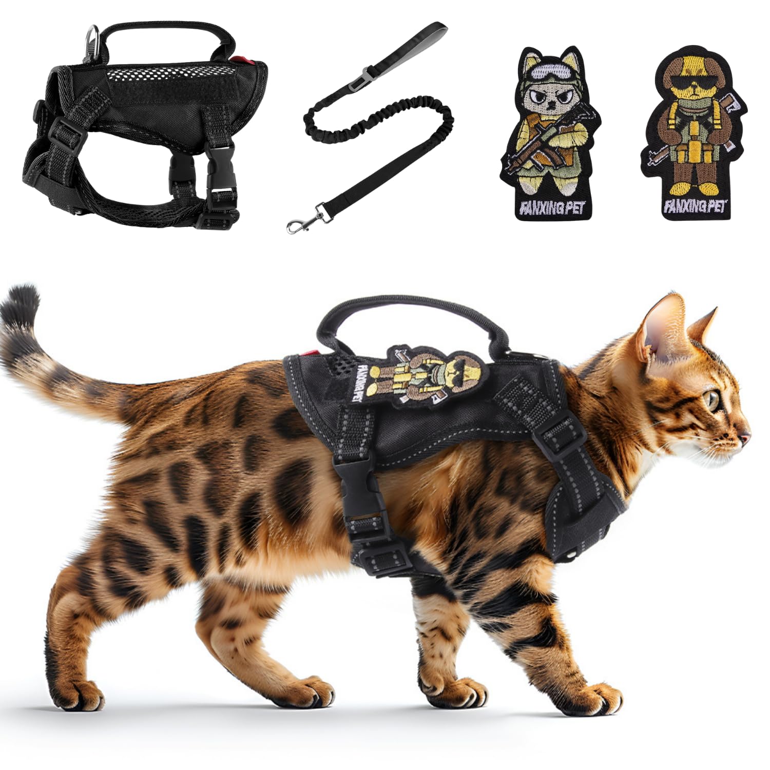 Cat Harness and Leash Set for Walking Escape Proof Adjustable Reflective Large Cat Tactical Harness with Patches Breathable Summer Vest Soft Mesh Padding Handle Easy to Control (Black, S)