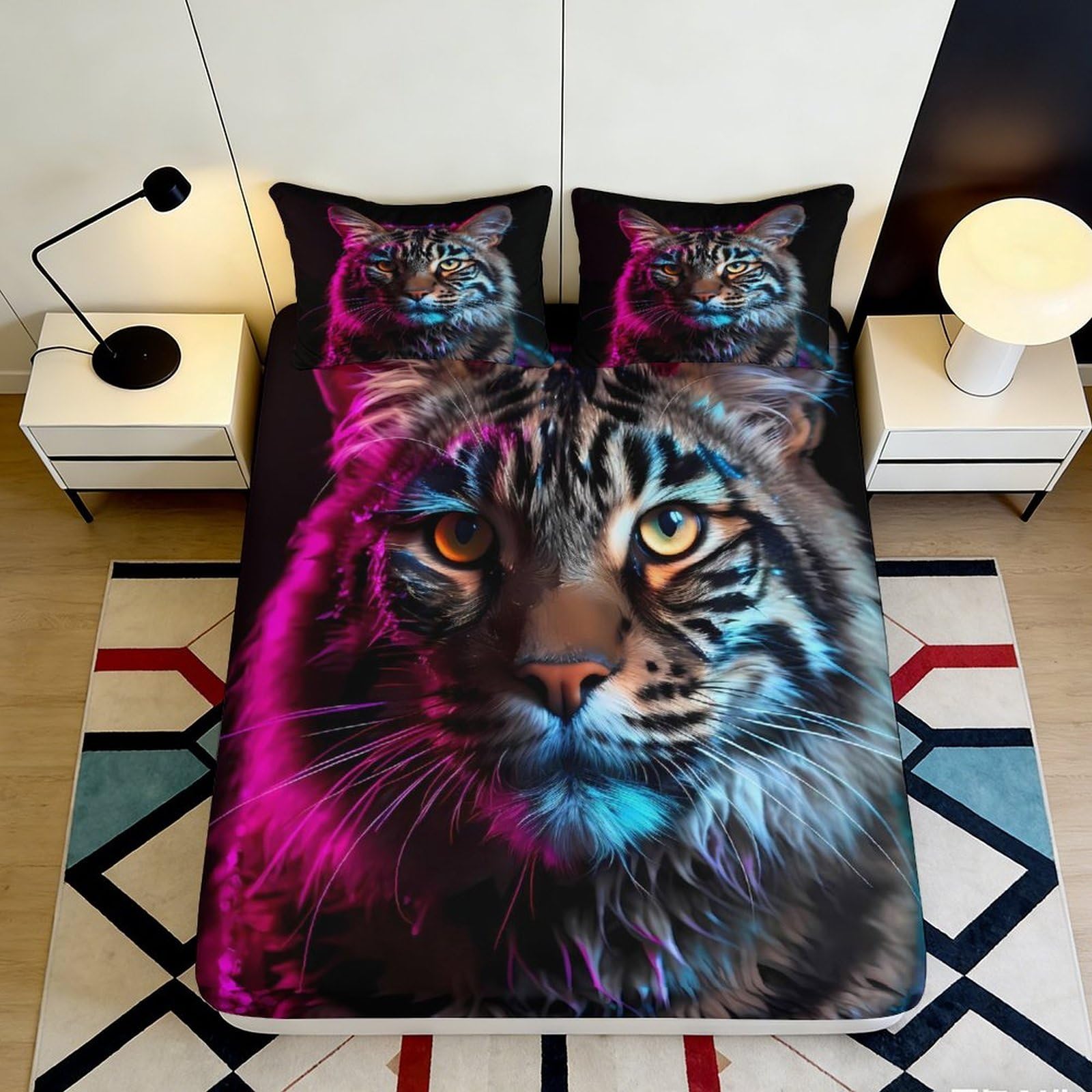 3D Printed Neon Tiger Fitted Sheet Microfiber Soft Breathable Wild Cat Bed Cover for Bedroom Dorm Mattress Decor 90x200x25cm