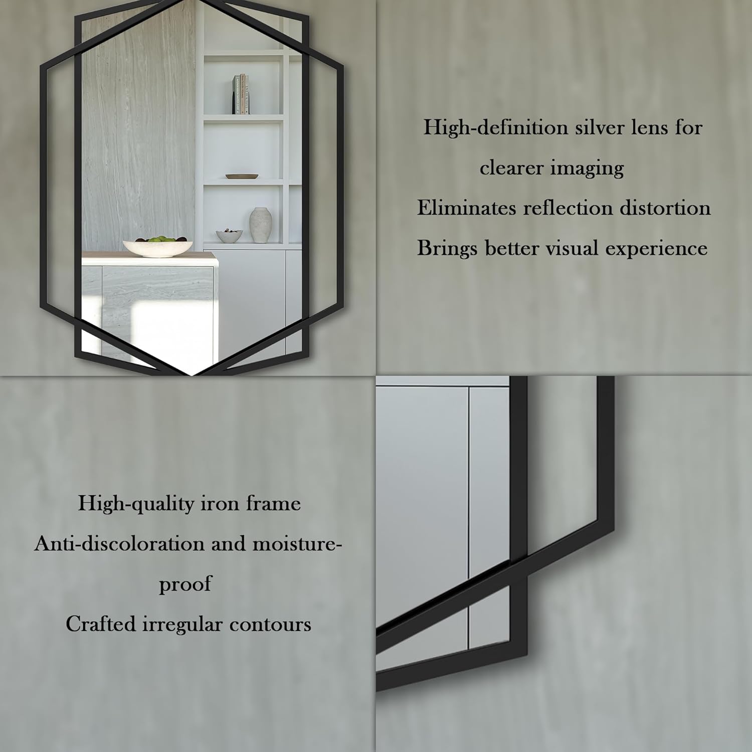 36''X26'' Hexagon Mirror Black Metal Framed Geometric Wall Mounted Bathroom for Over Sink, Hexagon and Rectangular Mirror Vertical or Horizontal Hanging for Entryway, Living Room