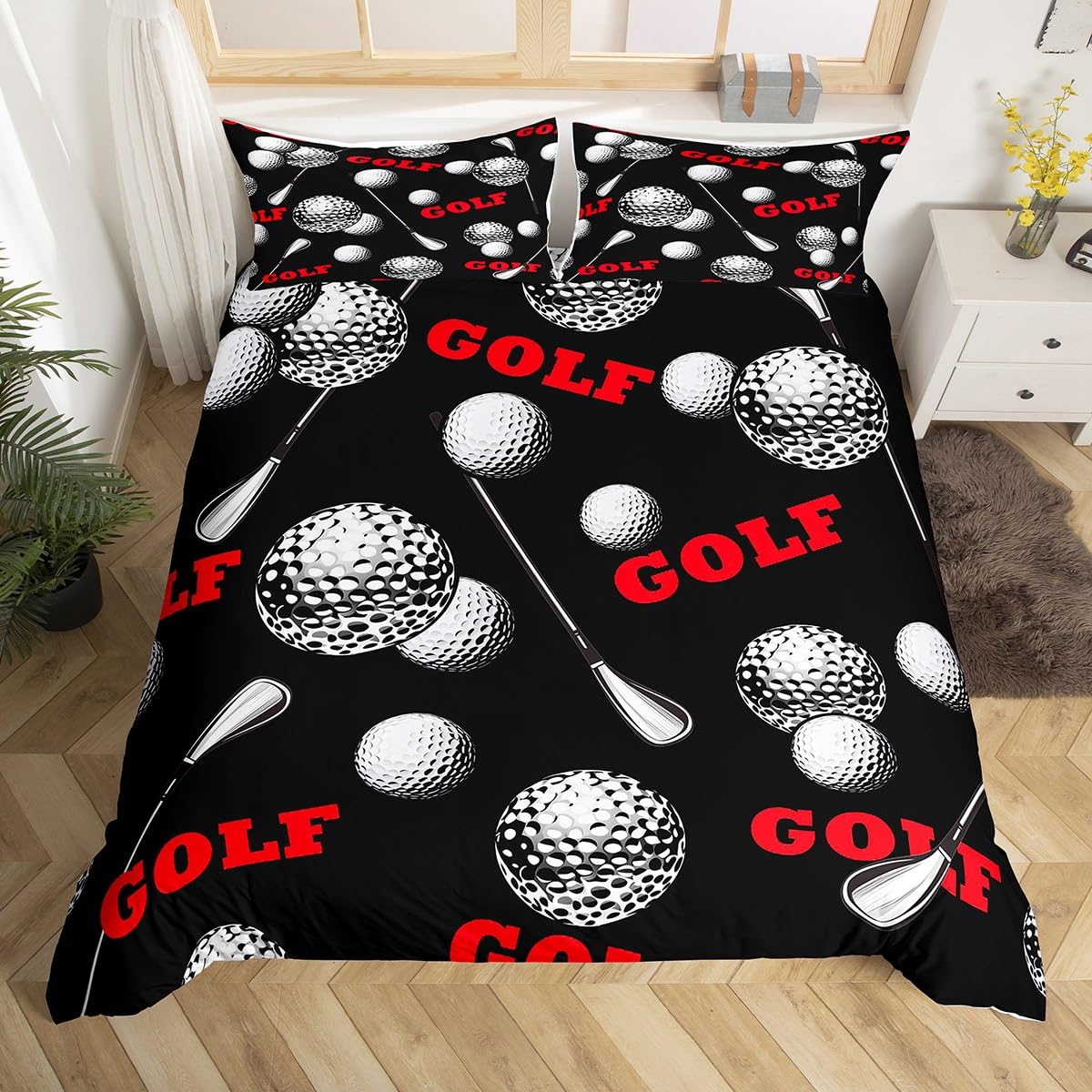 feelingyou 3D Golf Sports Bedding Set,Black White Golf Comforter Cover Set for Teens Women Room Decor,Golf Club Duvet Cover Breathable Cartoon Style Bedspread Cover Double Size(No Comforter)