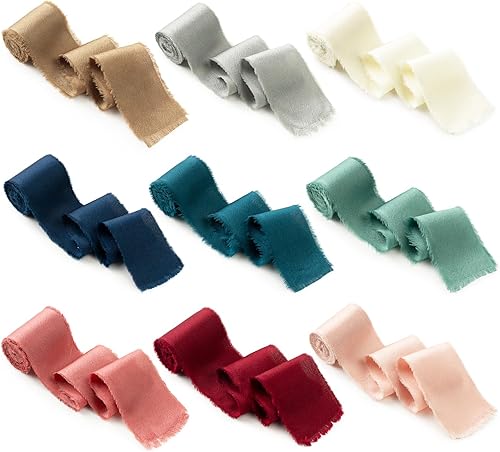 Vista 62 de Burgundy Dark Red Silk Ribbon 1-1/2 Inch x 21Yds Handmade Fringe Silky Chiffon Frayed Fabric Ribbon for Gift Wrapping, Flower Bouquet, Wedding