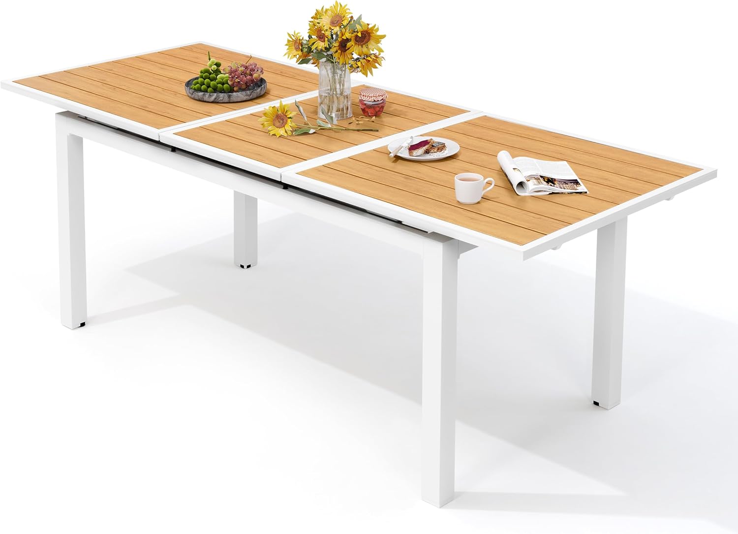 Outdoor Dining Table, 63"-83" Patio Extendable Dining Table with Brown Wooden-Like Top and White Aluminum Frame, Rectangular Table Outdoor Furniture