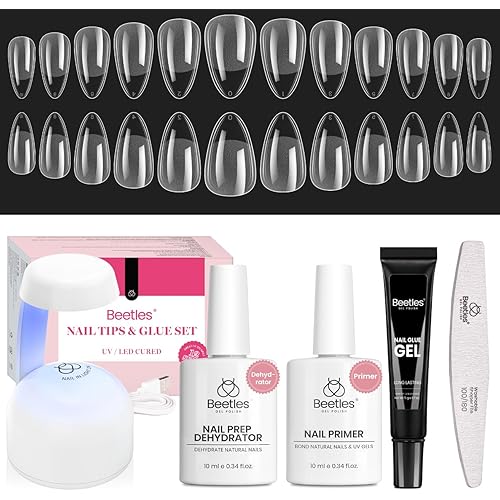 Beetles Gel Nail Kit Short Almond Gift Spree, with Dehydrator and Primer, 576Pcs Half Matte Etch-X Gel Nail Tips Solid Nail Glue Mini Lamp Acrylic Tips Easy DIY Extension Set Gift for Women