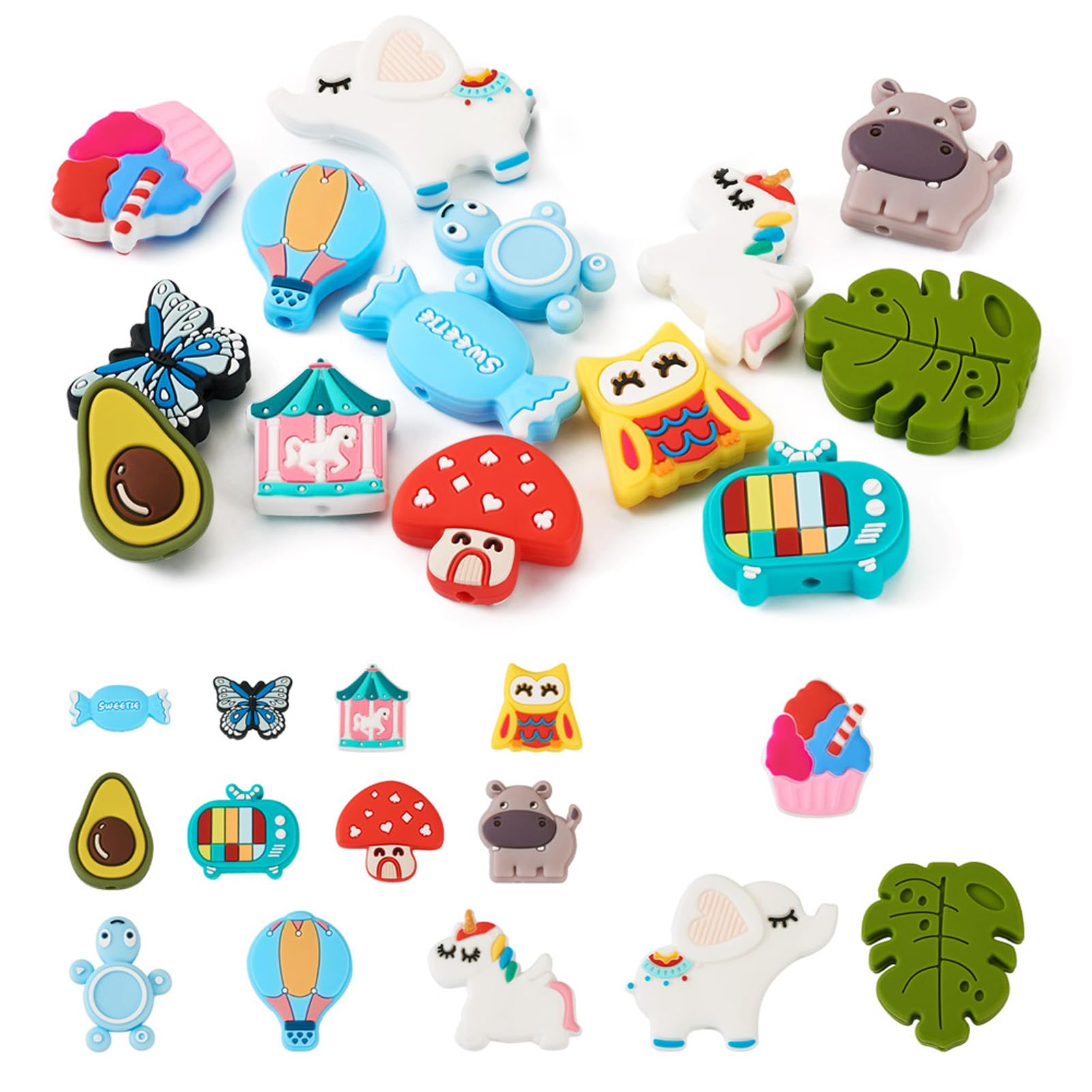 Beadthoven 14Pcs Cute Animal Theme Silicone Beads Avocados&Hippos&Unicorn&Elephant&Turtle Spring Theme Rubber Beads Owl Butterfly Bead for DIY Crafting Jewelry Making