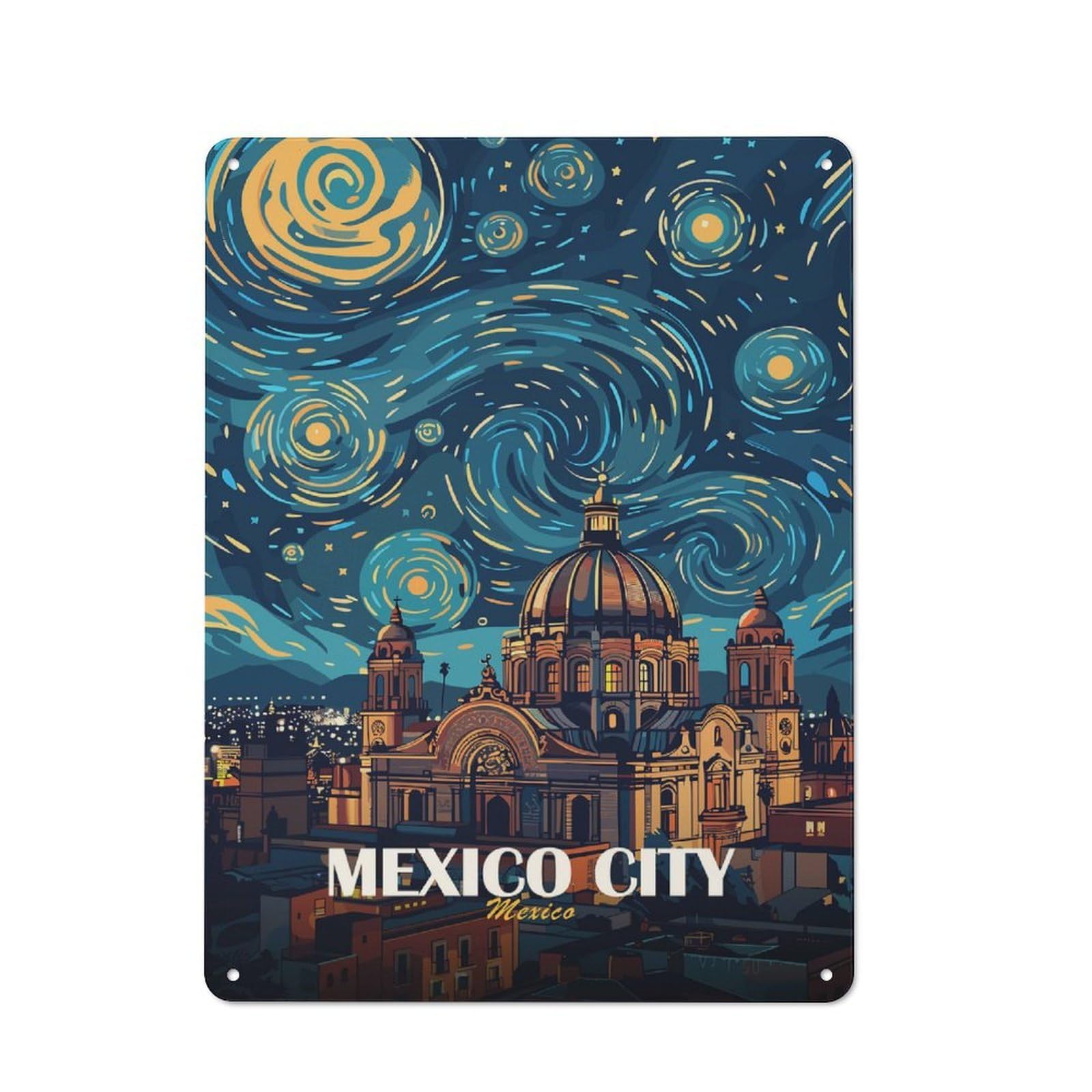 Junmoney Style-21 Mexico City Starry Night Art Everyday Metal Wall Decor 40X30cm, Decorative Tin Plaque For Flat, Dorm Room, Lounge Or Cafe