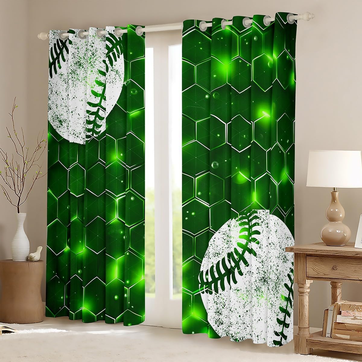 Vintage Baseball Window Curtain,Green Geometric Hexagon Curtains for Kids Boys Men Teens Home Room Decor,Neon Style Ball Games Window Drapes,Ball Sports Window Treatment Curtain,2 Panels,38Wx45L